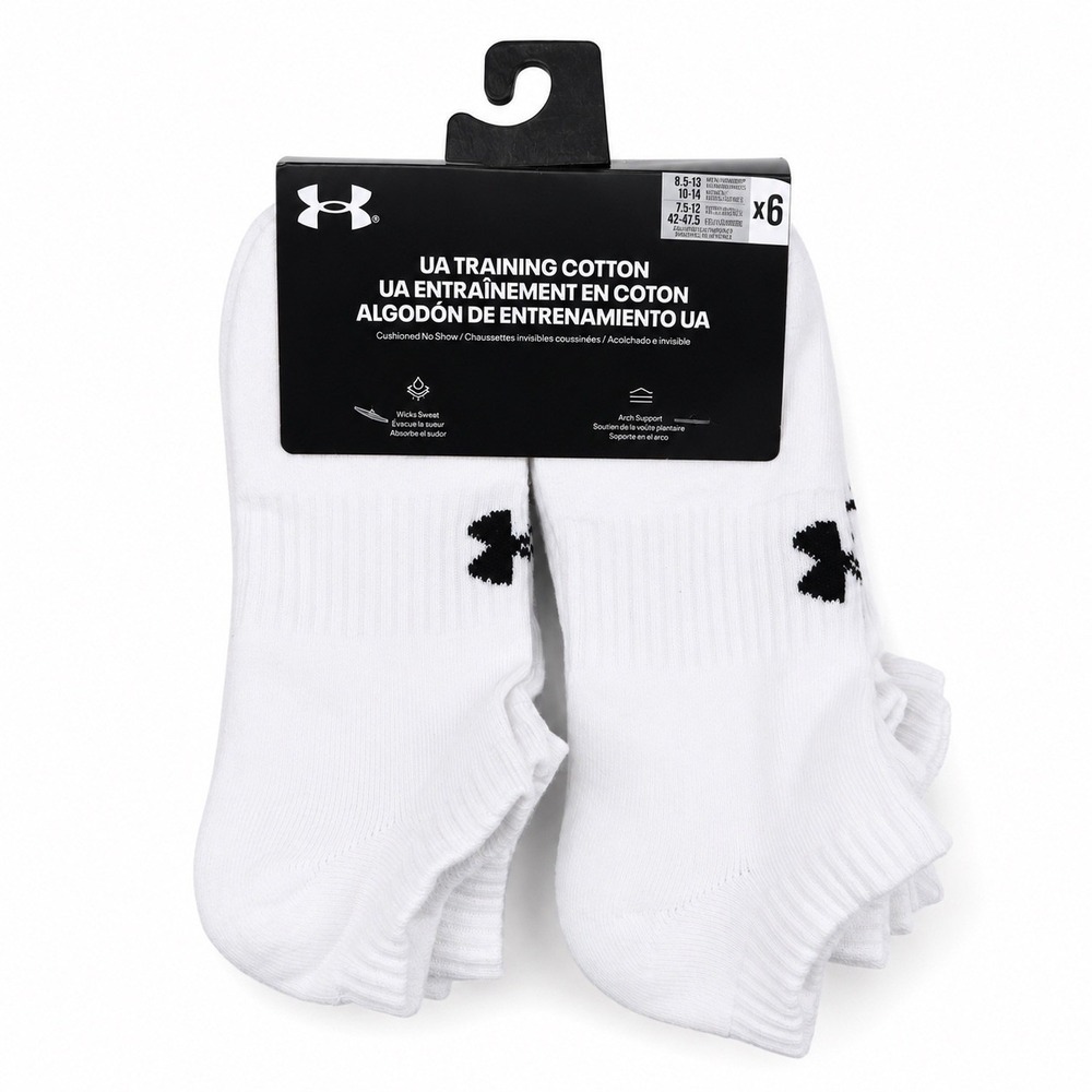 Under Armour Training Cotton Cushioned No Show Socks 6 Pack White 1386317-100 L